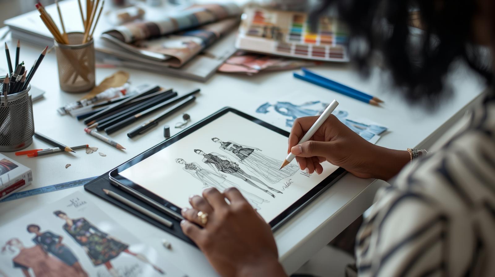 Fashion designer sketching on iPad